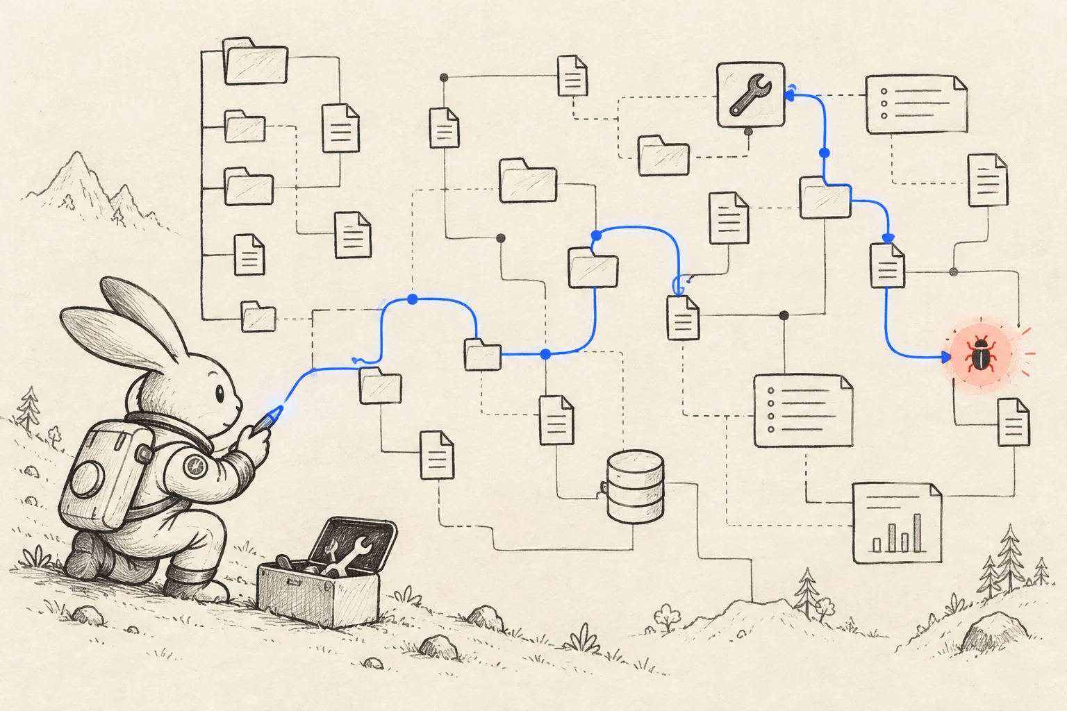 Minimal sketch of Space Bunny tracing a diagnostic path through files, logs, tools and a software fault