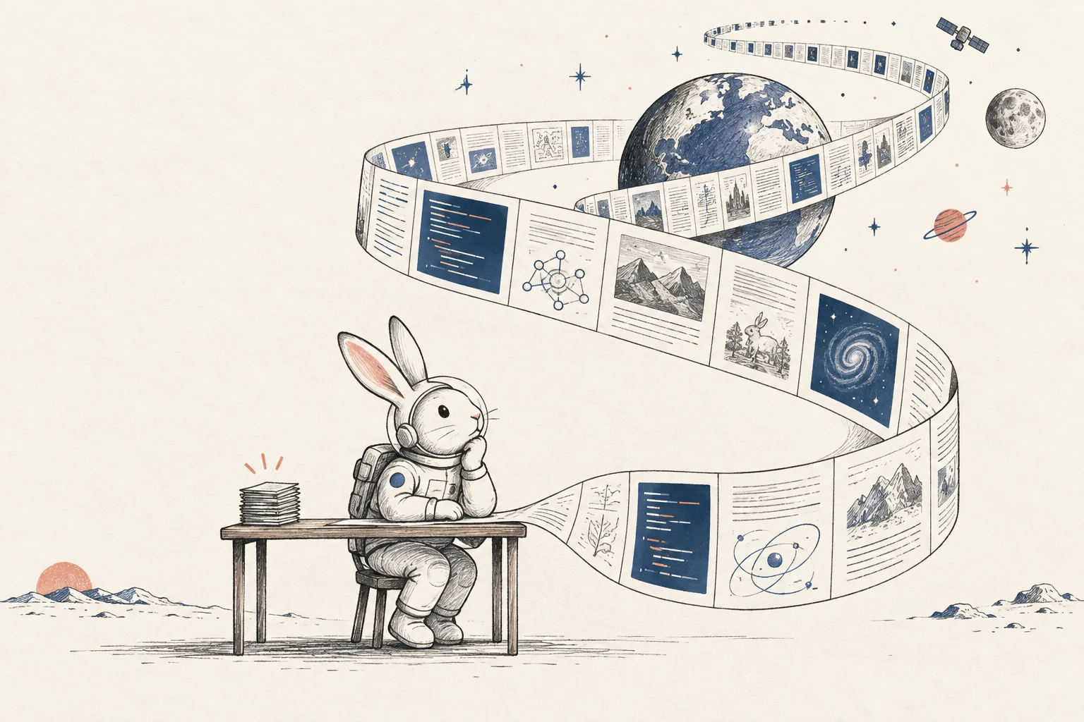 Minimal sketch of a rabbit astronaut studying an enormous orbiting stream of documents and code