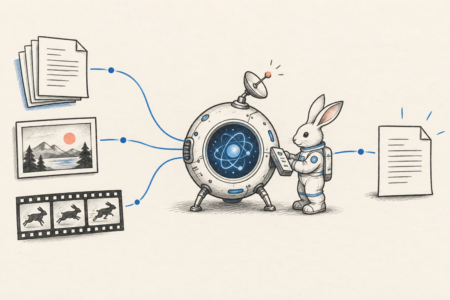 Minimal sketch of documents, an image and a filmstrip flowing through a Space Bunny machine into a text response