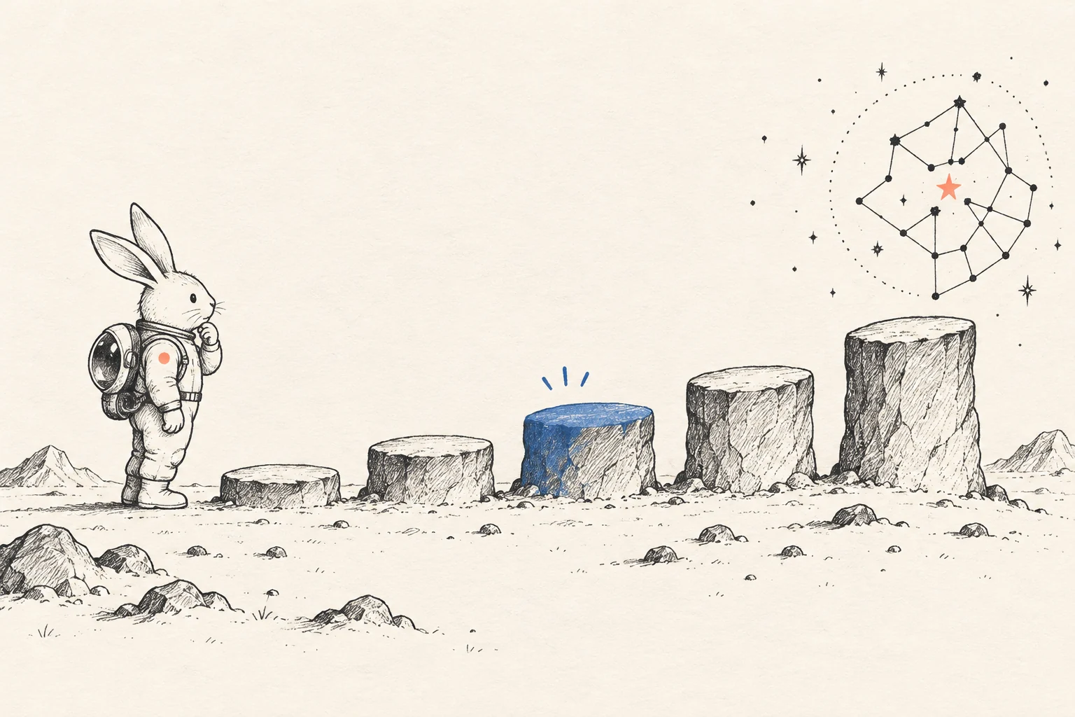 Minimal sketch of a rabbit astronaut choosing among five ascending reasoning steps