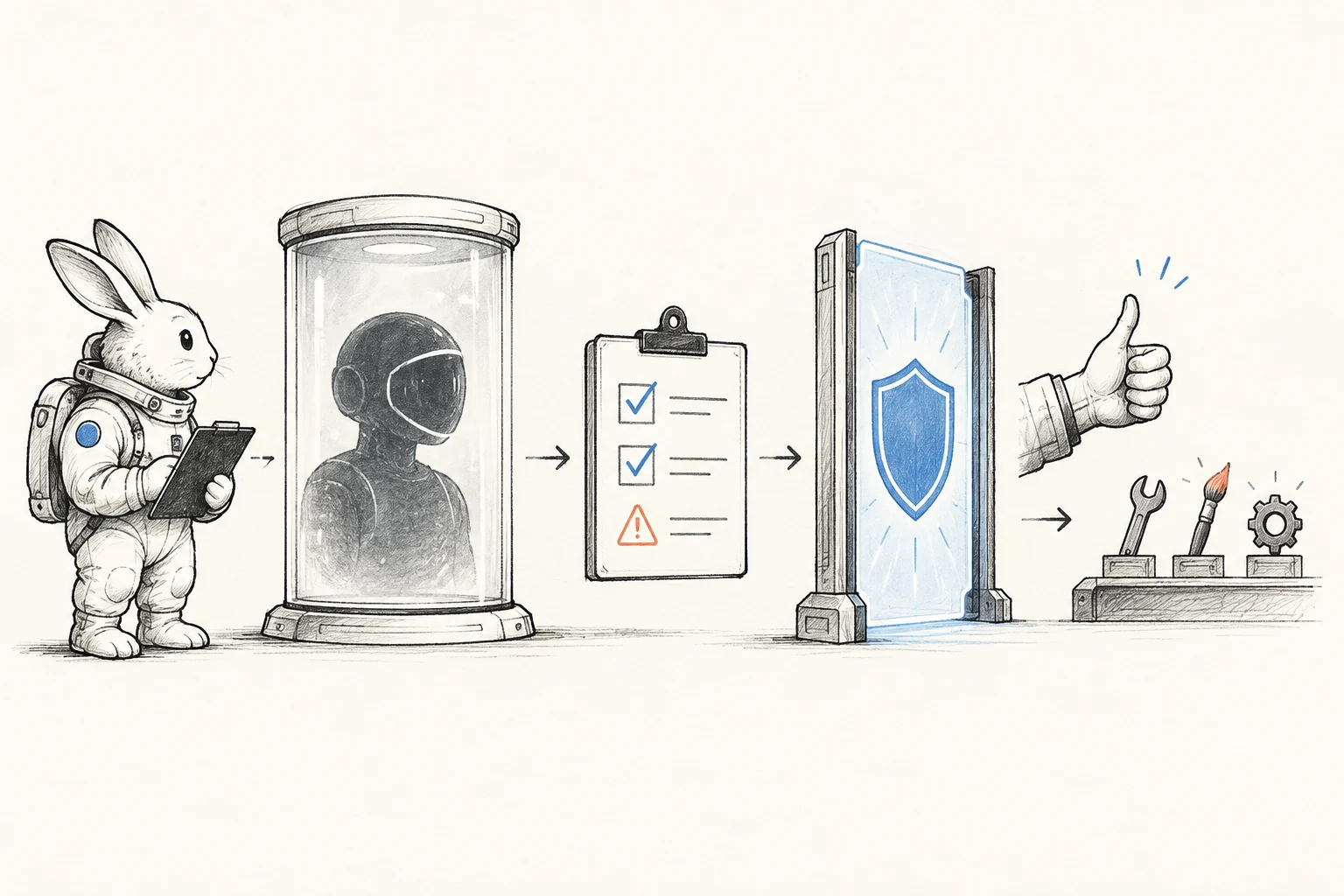 Minimal sketch of an anonymous model passing through a checklist, security gate and human approval before tools