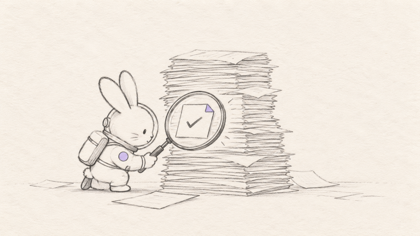 Minimal sketch of a magnifying glass locating one evidence card inside a large collection of documents