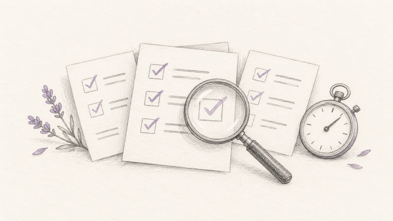 Minimal pencil sketch of check cards, a magnifying glass, and a stopwatch for reviewing answer quality and latency