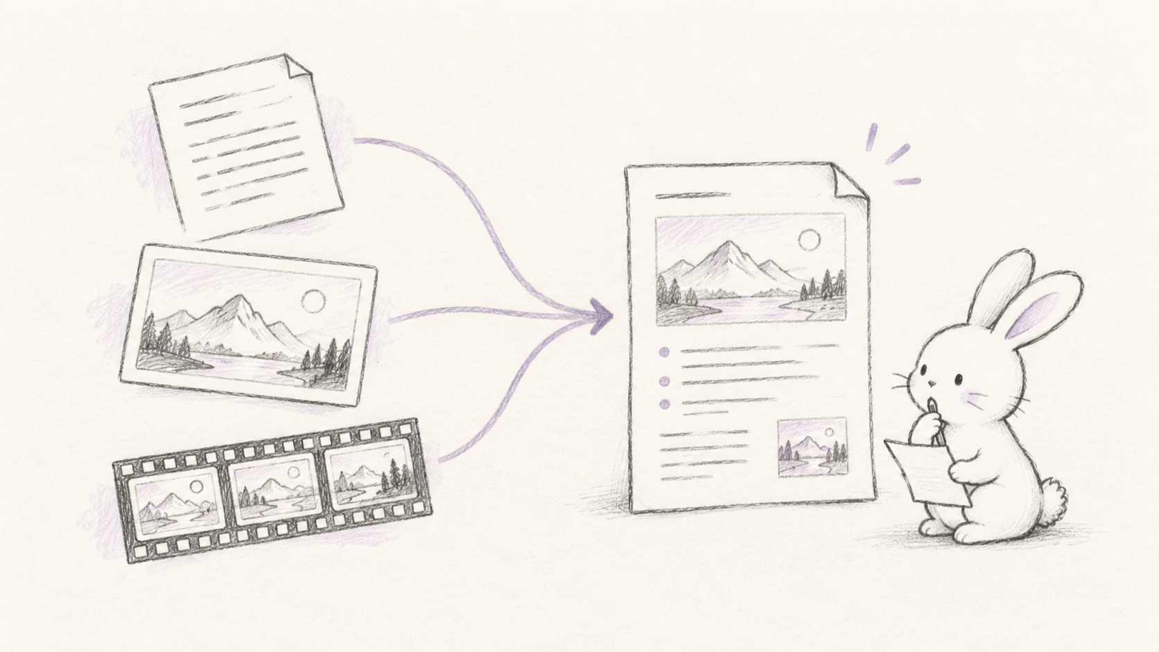 Minimal sketch of a text page, image card, and film frames being checked against a written report