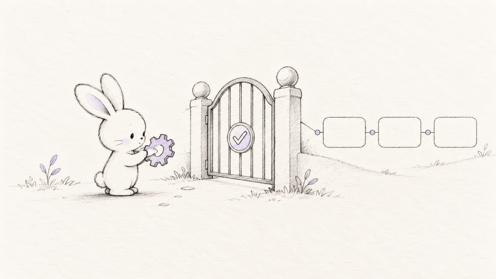 Minimal sketch of a bunny checking a gear-shaped tool request at a gate before it reaches an application workflow