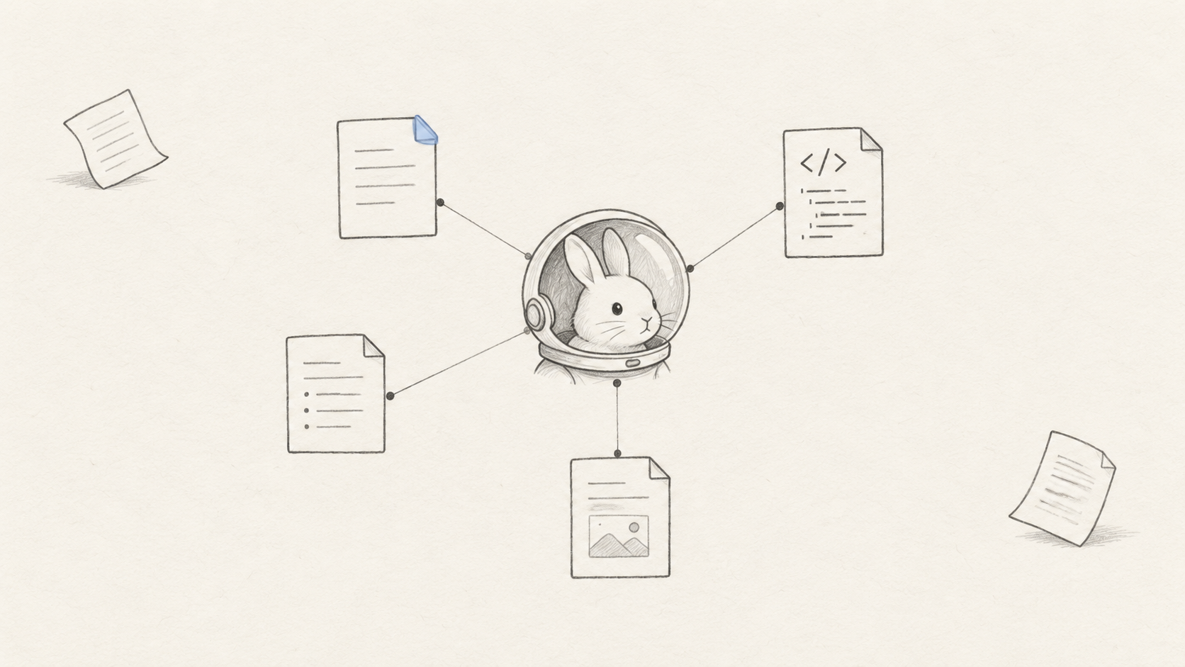 Minimal sketch of selected source documents connected to a central bunny helmet, with unrelated papers set aside