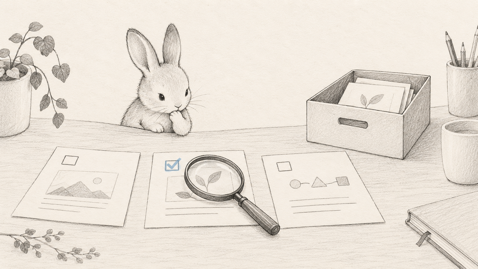 Minimal pencil illustration of task cards, a checklist, and a magnifying glass used to inspect answers