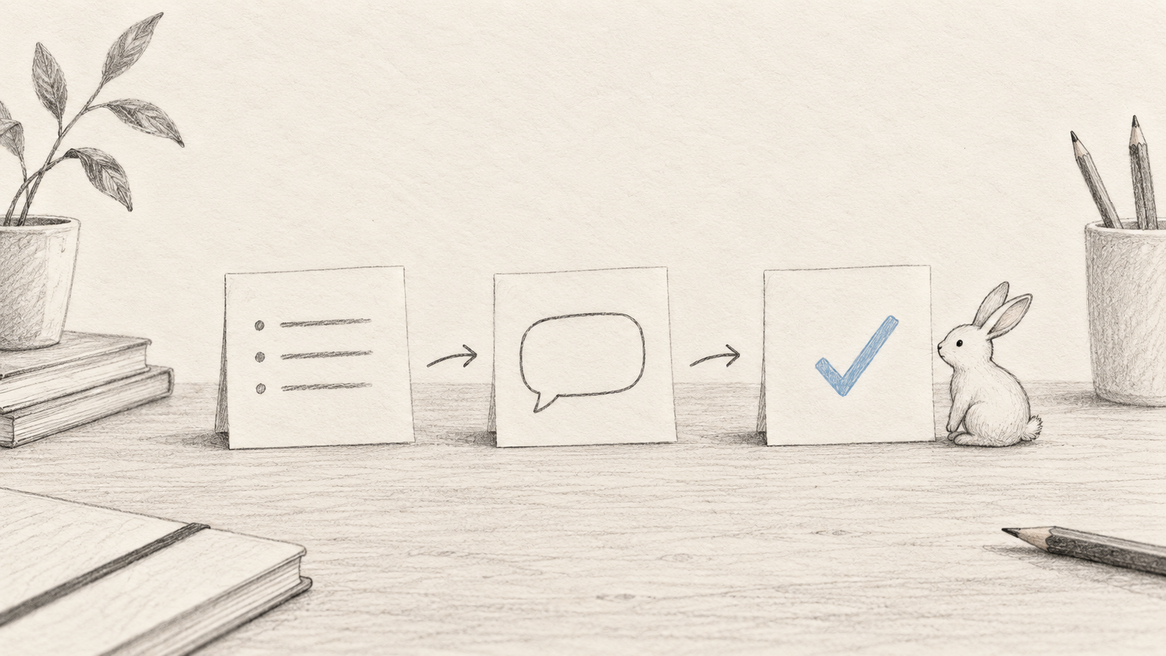 Pencil sketch showing a task note becoming a conversation and a checked result card