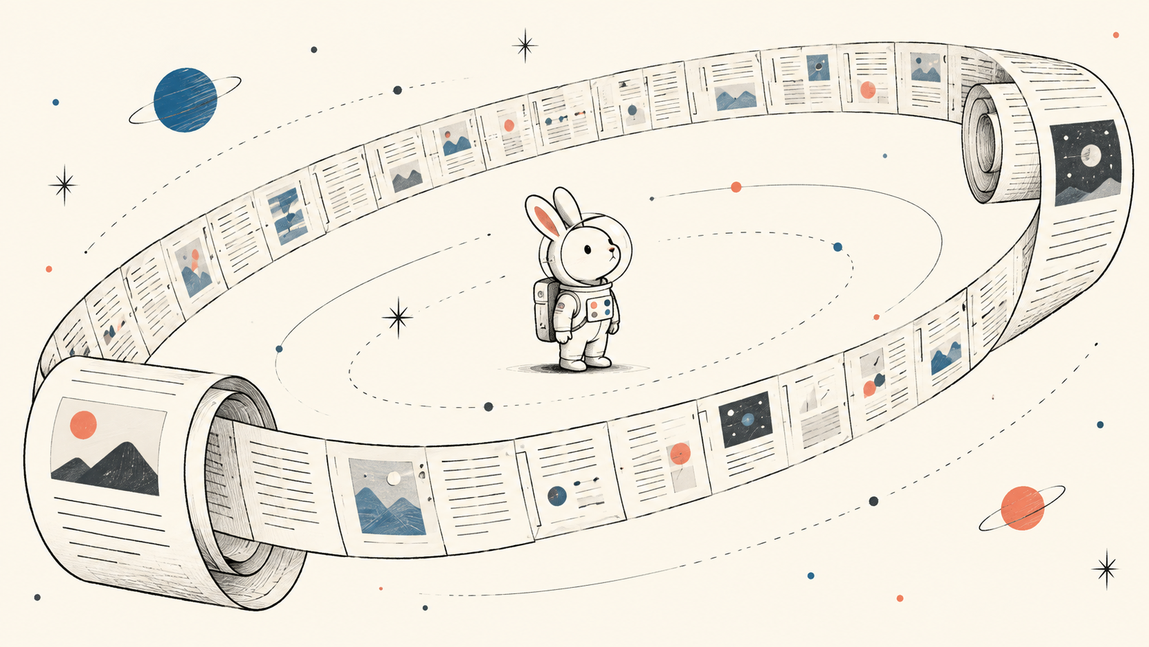 极简草图:Space Bunny 宇航员置身于环绕的百万 token 文档长卷中